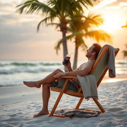 A serene beach scene featuring a comfortable beach chair with a man sitting in it, enjoying a refreshing cola