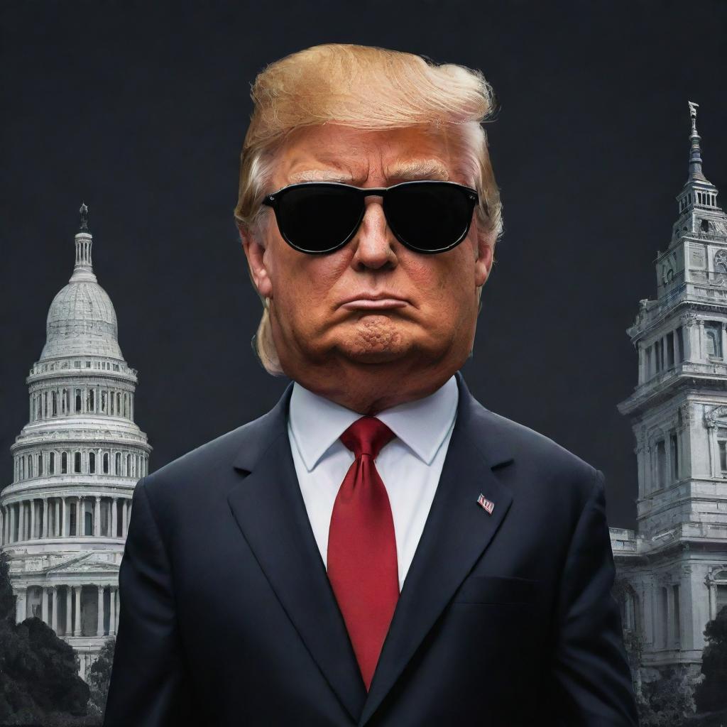 Caricature of Donald Trump in a stylized 'mafia' avatar. Dressed in a sharp suit with sunglasses, against a backdrop of iconic American landmarks with a dark, edgy atmosphere.