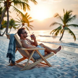 A serene beach scene featuring a comfortable beach chair with a man sitting in it, enjoying a refreshing cola