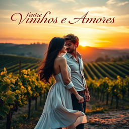 A captivating book cover for a romance novel set in Italy, featuring a couple who are rivals standing against the picturesque backdrop of an Italian vineyard at sunset