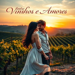 A captivating book cover for a romance novel set in Italy, featuring a couple who are rivals standing against the picturesque backdrop of an Italian vineyard at sunset