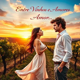 A captivating book cover for a romance novel set in Italy, featuring a couple who are rivals standing against the picturesque backdrop of an Italian vineyard at sunset