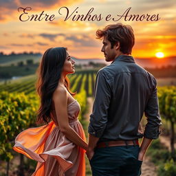 A captivating book cover for a romance novel set in Italy, featuring a couple who are rivals standing against the picturesque backdrop of an Italian vineyard at sunset