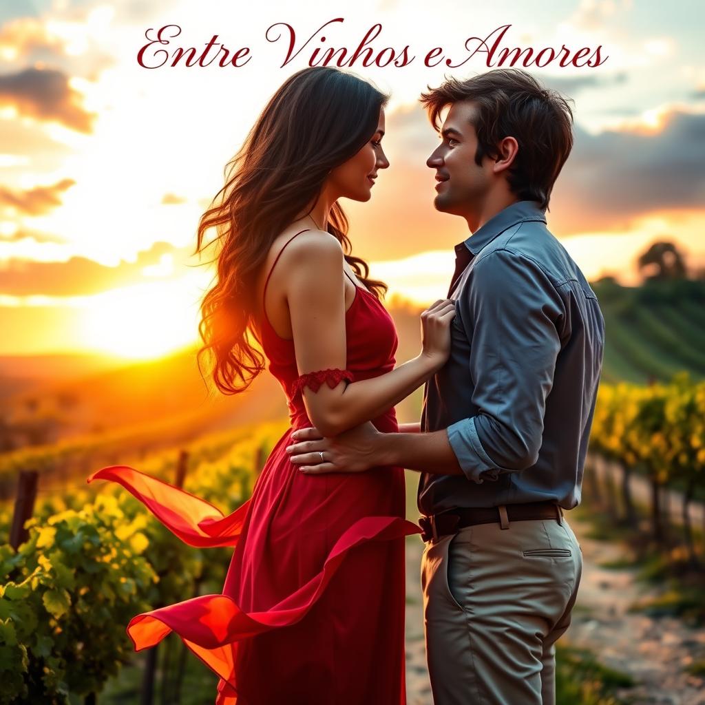 A captivating book cover for a romance novel set in Italy, featuring a couple who are rivals standing against the picturesque backdrop of an Italian vineyard at sunset