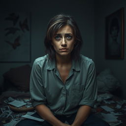 A woman sitting in a dimly lit room, her expression one of confusion and deep contemplation