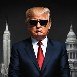 Caricature of Donald Trump in a stylized 'mafia' avatar. Dressed in a sharp suit with sunglasses, against a backdrop of iconic American landmarks with a dark, edgy atmosphere.