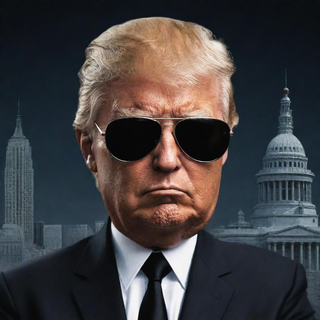 Caricature of Donald Trump in a stylized 'mafia' avatar. Dressed in a sharp suit with sunglasses, against a backdrop of iconic American landmarks with a dark, edgy atmosphere.