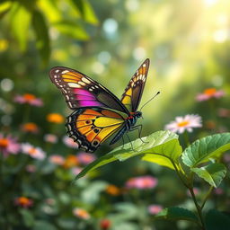 A realistic and vibrant butterfly perched on a lush green leaf in a serene natural environment, showcasing its intricate patterns and colors