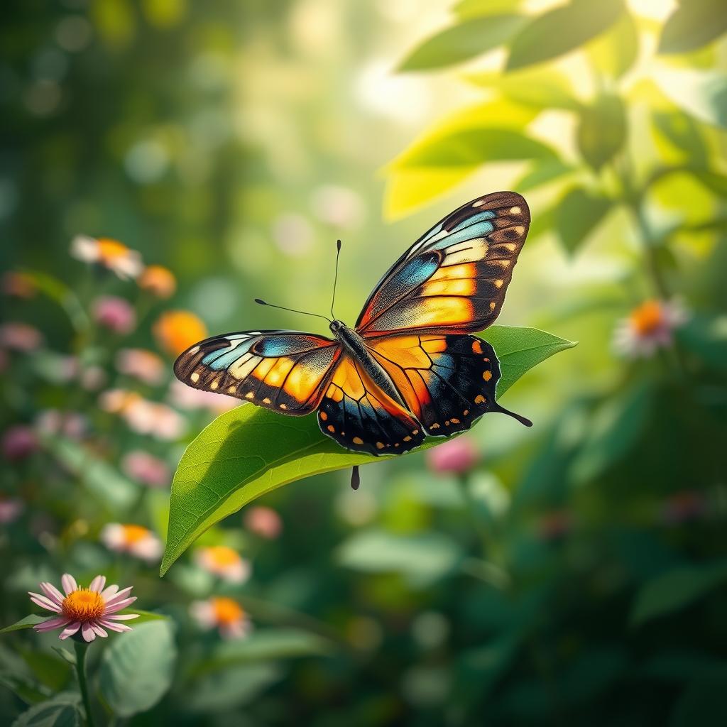 A realistic and vibrant butterfly perched on a lush green leaf in a serene natural environment, showcasing its intricate patterns and colors