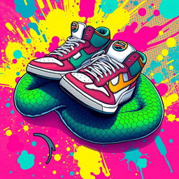 An illustration of a pair of stylish sneakers intricately designed, resting on a vibrant green snake that elegantly slithers around them