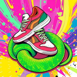 An illustration of a pair of stylish sneakers intricately designed, resting on a vibrant green snake that elegantly slithers around them