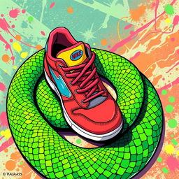 An illustration of a pair of stylish sneakers intricately designed, resting on a vibrant green snake that elegantly slithers around them