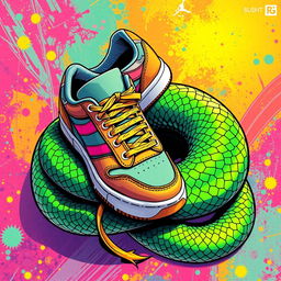 An illustration of a pair of stylish sneakers intricately designed, resting on a vibrant green snake that elegantly slithers around them