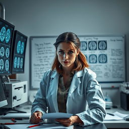 A woman neuroscientist in a modern laboratory, surrounded by scientific equipment and screens displaying brain scans