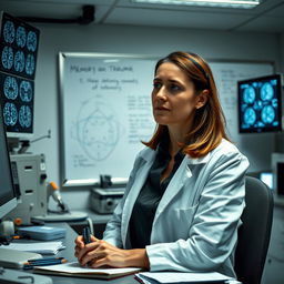 A woman neuroscientist in a modern laboratory, surrounded by scientific equipment and screens displaying brain scans