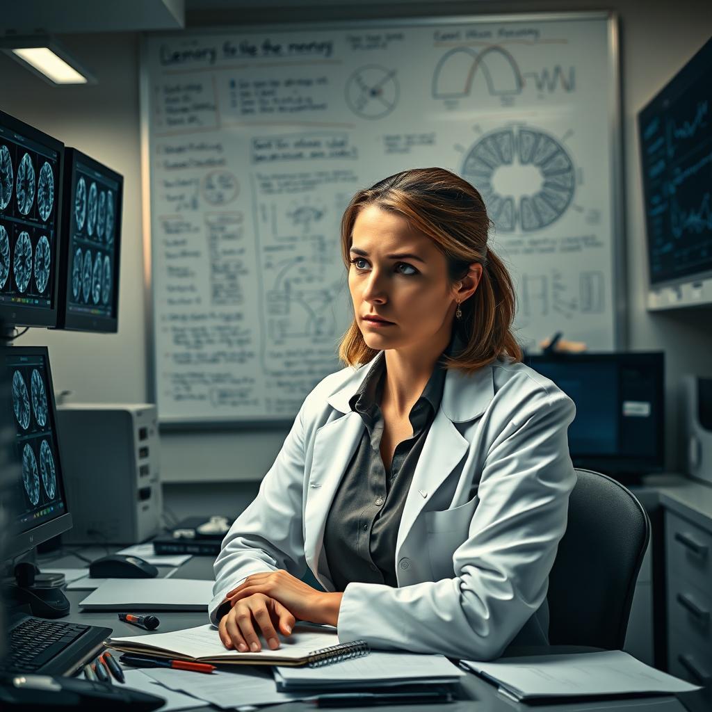 A woman neuroscientist in a modern laboratory, surrounded by scientific equipment and screens displaying brain scans