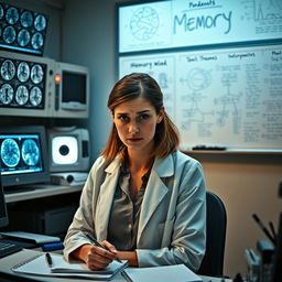 A woman neuroscientist in a modern laboratory, surrounded by scientific equipment and screens displaying brain scans