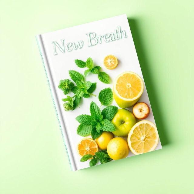 A sleek and modern book cover titled 'New Breath', featuring vibrant natural ingredients like mint leaves, green apples, and citrus fruits prominently displayed