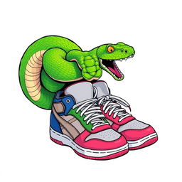 An illustration of a vibrant green snake coiled around a pair of stylish sneakers, depicted in a striking American comic style