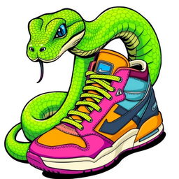 An illustration of a vibrant green snake coiled around a pair of stylish sneakers, depicted in a striking American comic style