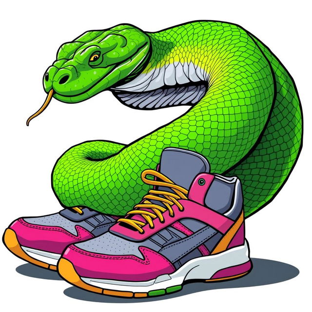 An illustration of a vibrant green snake coiled around a pair of stylish sneakers, depicted in a striking American comic style