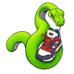 An illustration of a vibrant green snake coiled around a pair of stylish sneakers, depicted in a striking American comic style