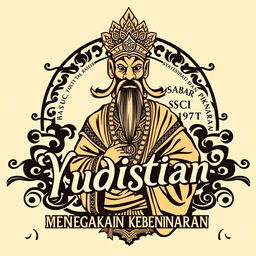 Design for a t-shirt featuring a detailed illustration of Wayang Yudistira, showcasing his traditional attire and regal demeanor