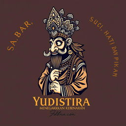 Design for a t-shirt featuring a detailed illustration of Wayang Yudistira, showcasing his traditional attire and regal demeanor