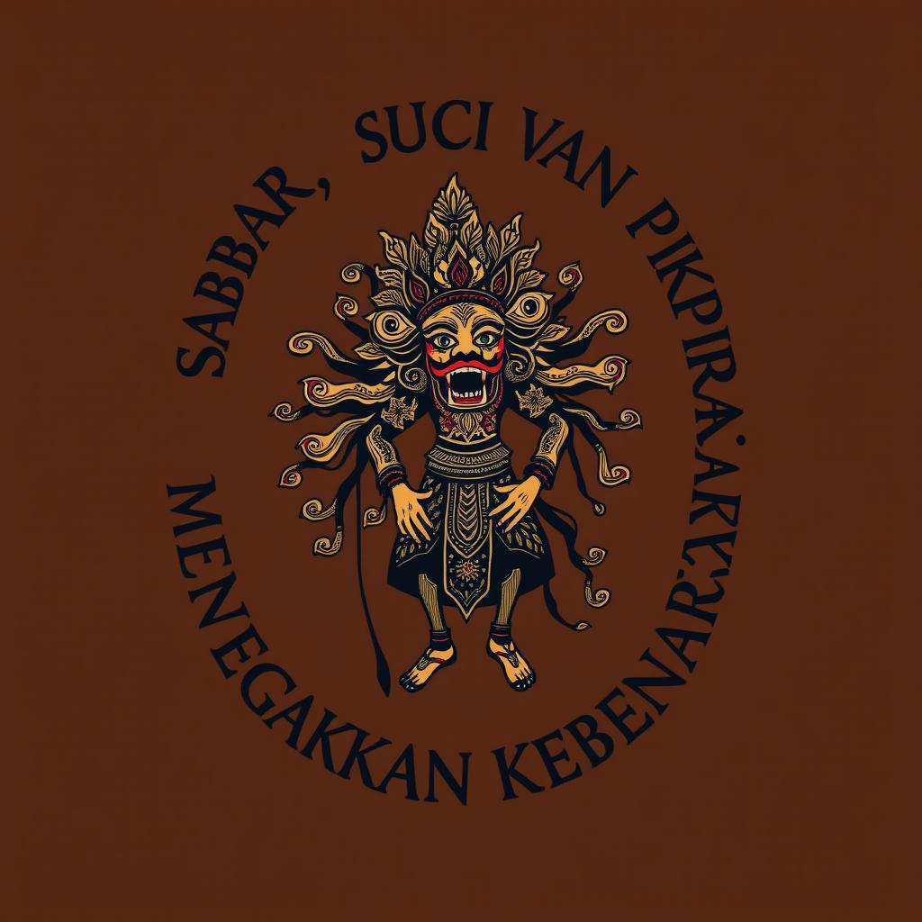 Design for a t-shirt featuring a captivating illustration of Wayang Kulit Yudistira, showcasing his elaborate traditional puppet form with intricate details and vibrant colors