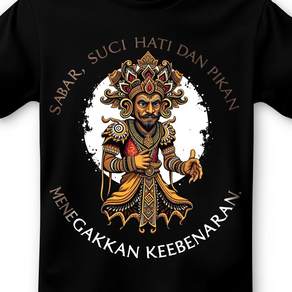 Design for a t-shirt featuring a captivating illustration of Wayang Kulit Yudistira, showcasing his elaborate traditional puppet form with intricate details and vibrant colors