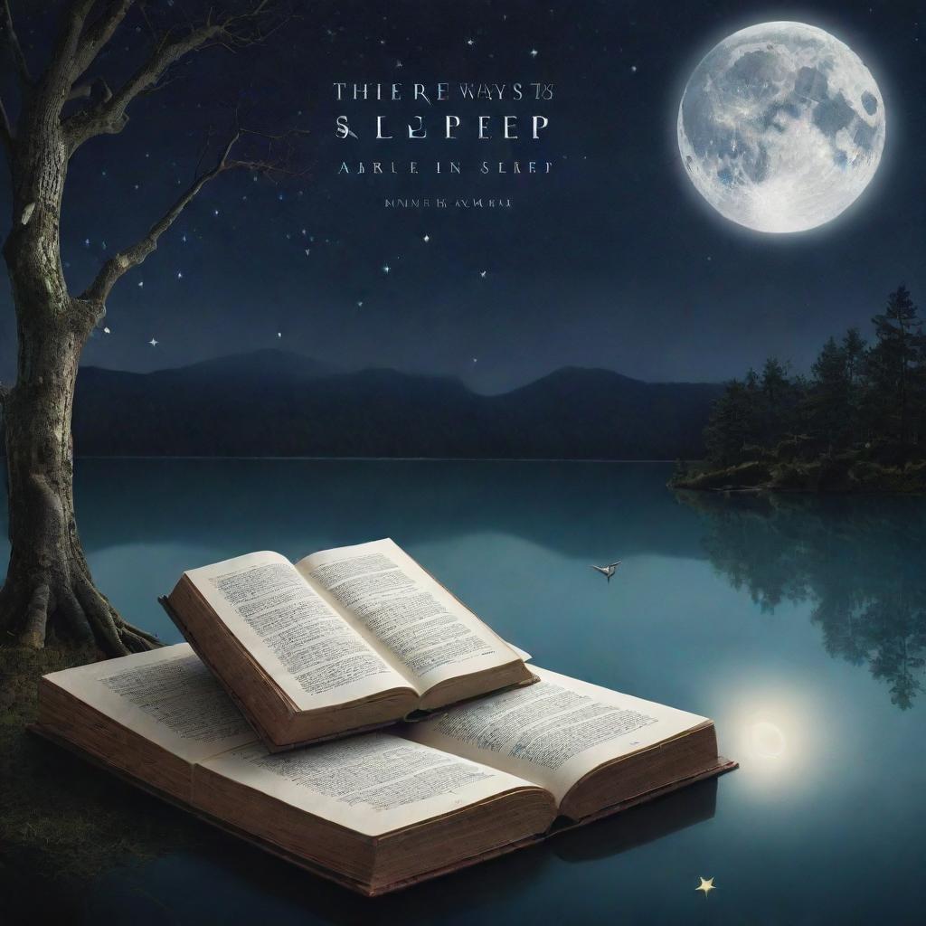 A book cover featuring the title 'Three Ways to Sleep' with a mystical and captivating theme. Include surreal elements such as levitating objects, twinkling stars and moonlight reflecting on a placid lake. The typography should be elegant and alluring.