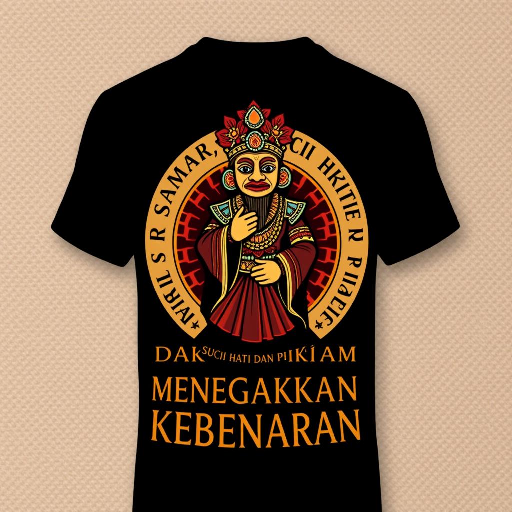 A T-shirt design featuring a traditional Javanese wayang kulit puppet, intricately detailed and colorful