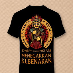 A T-shirt design featuring a traditional Javanese wayang kulit puppet, intricately detailed and colorful