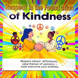 A large, colorful poster featuring the title "Respect is the Foundation of Kindness" prominently displayed at the top in bold, appealing typography