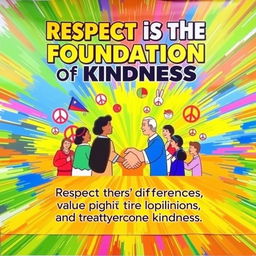 A large, colorful poster featuring the title "Respect is the Foundation of Kindness" prominently displayed at the top in bold, appealing typography