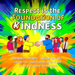 A large, colorful poster featuring the title "Respect is the Foundation of Kindness" prominently displayed at the top in bold, appealing typography