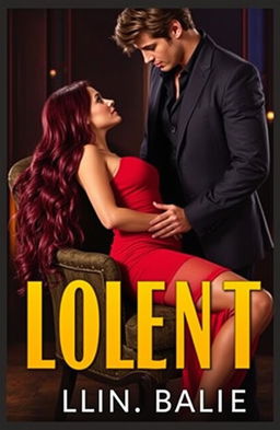 A romantic book cover featuring a long, burgundy haired girl in a tight red dress, elegantly seated on a stylish chair