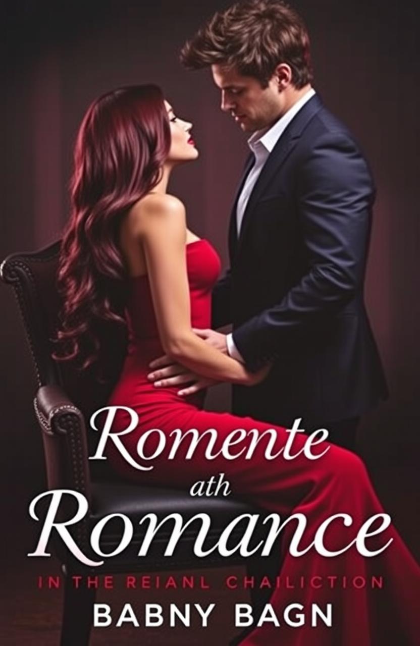 A romantic book cover featuring a long, burgundy haired girl in a tight red dress, elegantly seated on a stylish chair