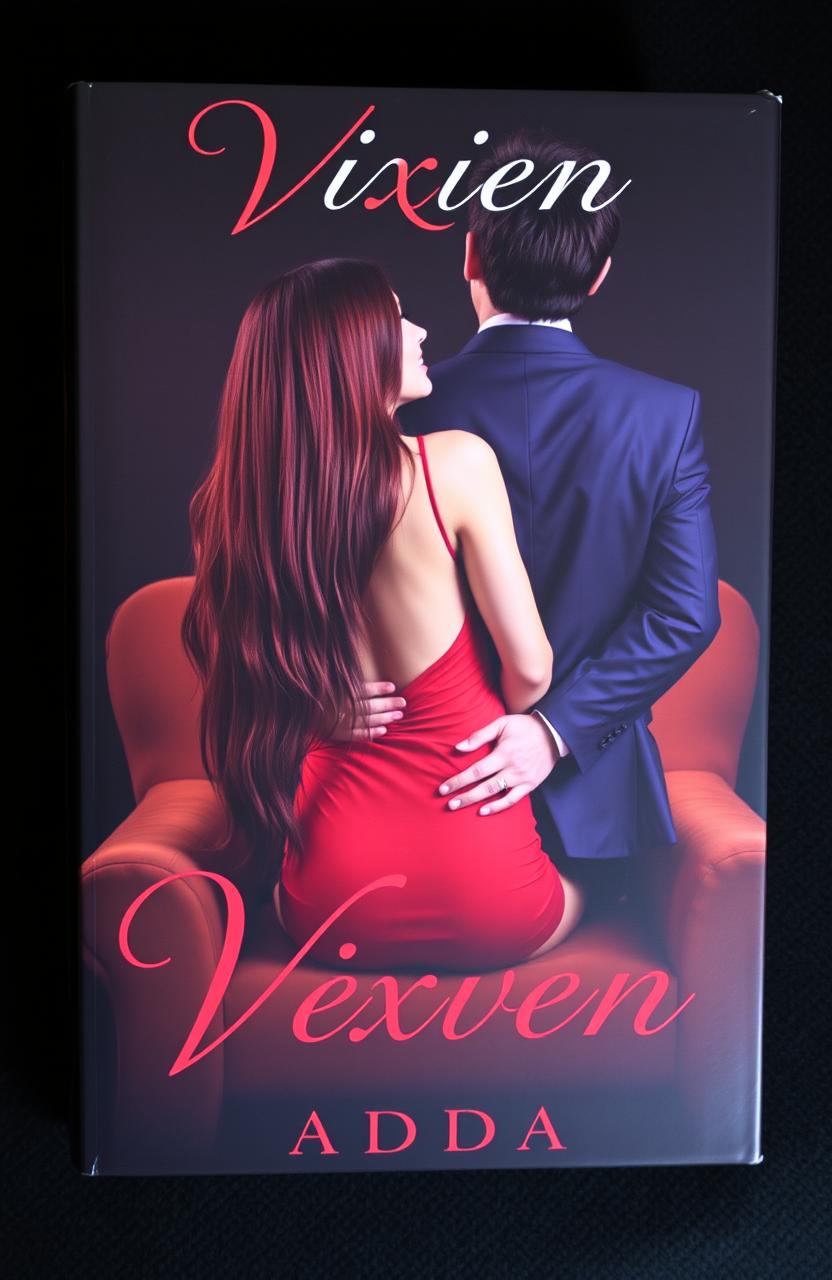 A book cover featuring a long, burgundy-haired girl wearing a tight red dress, sitting on a plush chair