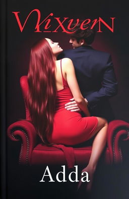 A book cover featuring a long, burgundy-haired girl wearing a tight red dress, sitting on a plush chair