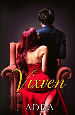 A book cover featuring a long, burgundy-haired girl wearing a tight red dress, sitting on a plush chair