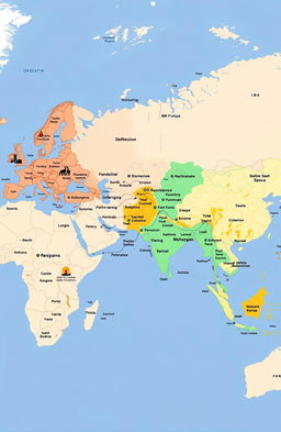 A detailed geopolitical map highlighting strategic interest areas worldwide, focusing on regional and local dynamics