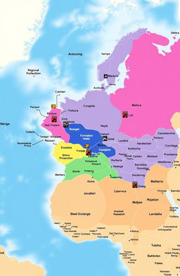 A detailed geopolitical map highlighting strategic interest areas worldwide, focusing on regional and local dynamics