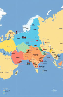 A detailed geopolitical map highlighting strategic interest areas worldwide, focusing on regional and local dynamics