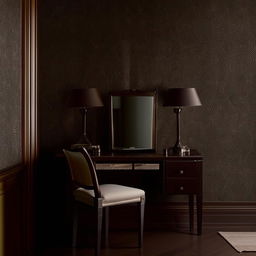 An atmospheric bedroom characterized by dark furniture such as a bed, dressing table, and dual bedside tables. Each side table holds a lit lamp, casting a warm light, against an intricate dark wallpaper backdrop.