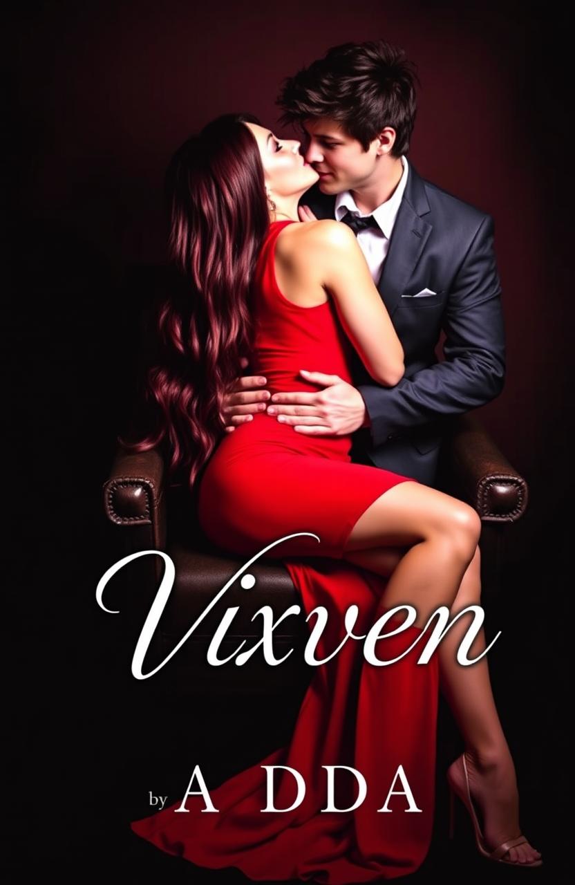 A captivating book cover design featuring a long, burgundy haired girl in a form-fitting red dress, elegantly seated on a chair