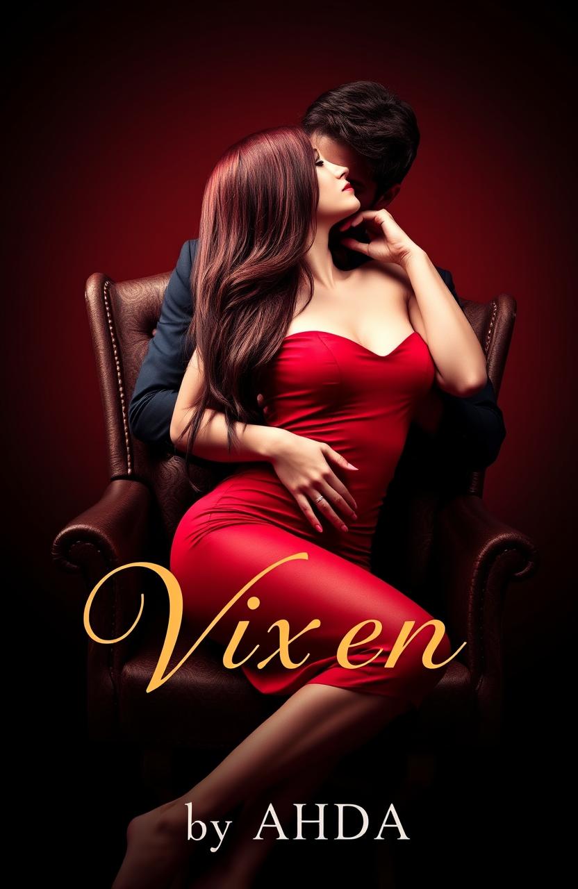 A captivating book cover design featuring a long, burgundy haired girl in a form-fitting red dress, elegantly seated on a chair