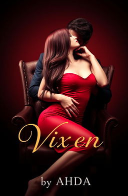 A captivating book cover design featuring a long, burgundy haired girl in a form-fitting red dress, elegantly seated on a chair