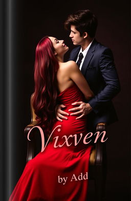 A captivating book cover design featuring a long, burgundy haired girl in a form-fitting red dress, elegantly seated on a chair