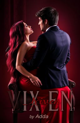 A captivating book cover design featuring a long, burgundy haired girl in a form-fitting red dress, elegantly seated on a chair